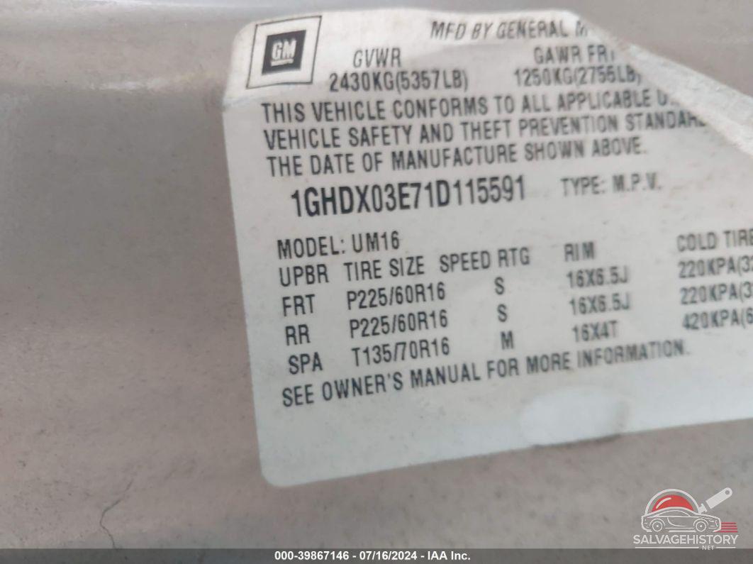 1GHDX03E71D115591 2001 OLDSMOBILE SILHOUETTE photo no. 9
