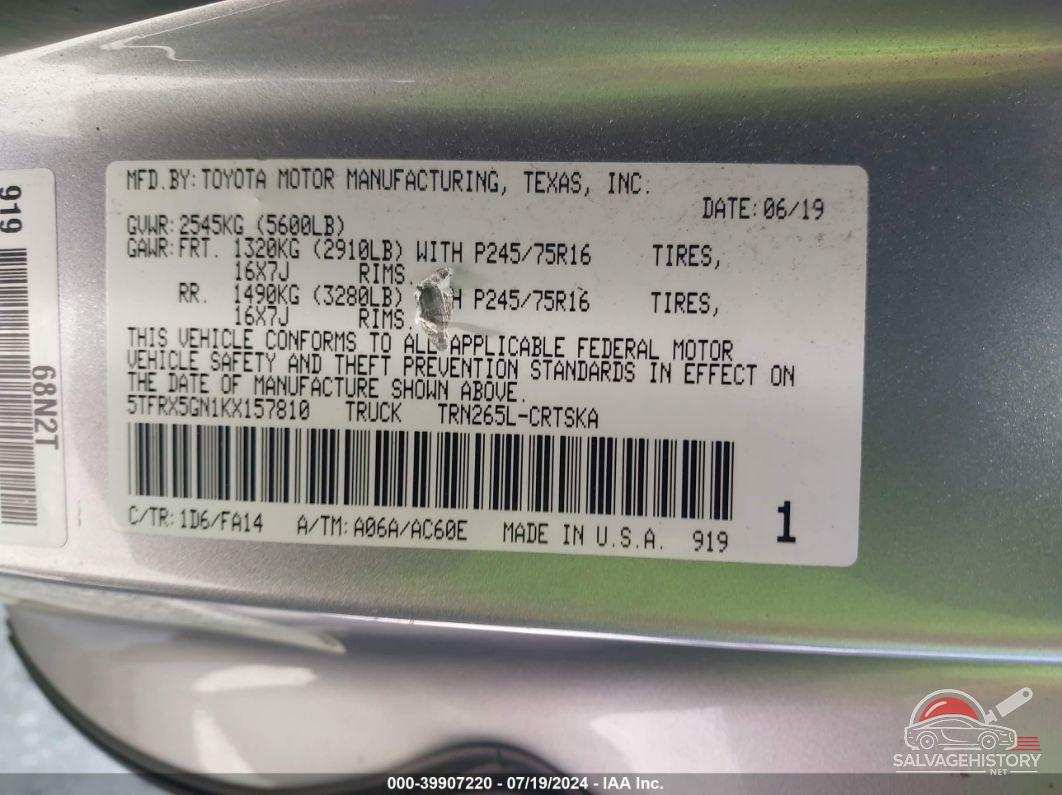 5TFRX5GN1KX157810 2019 TOYOTA TACOMA photo no. 9