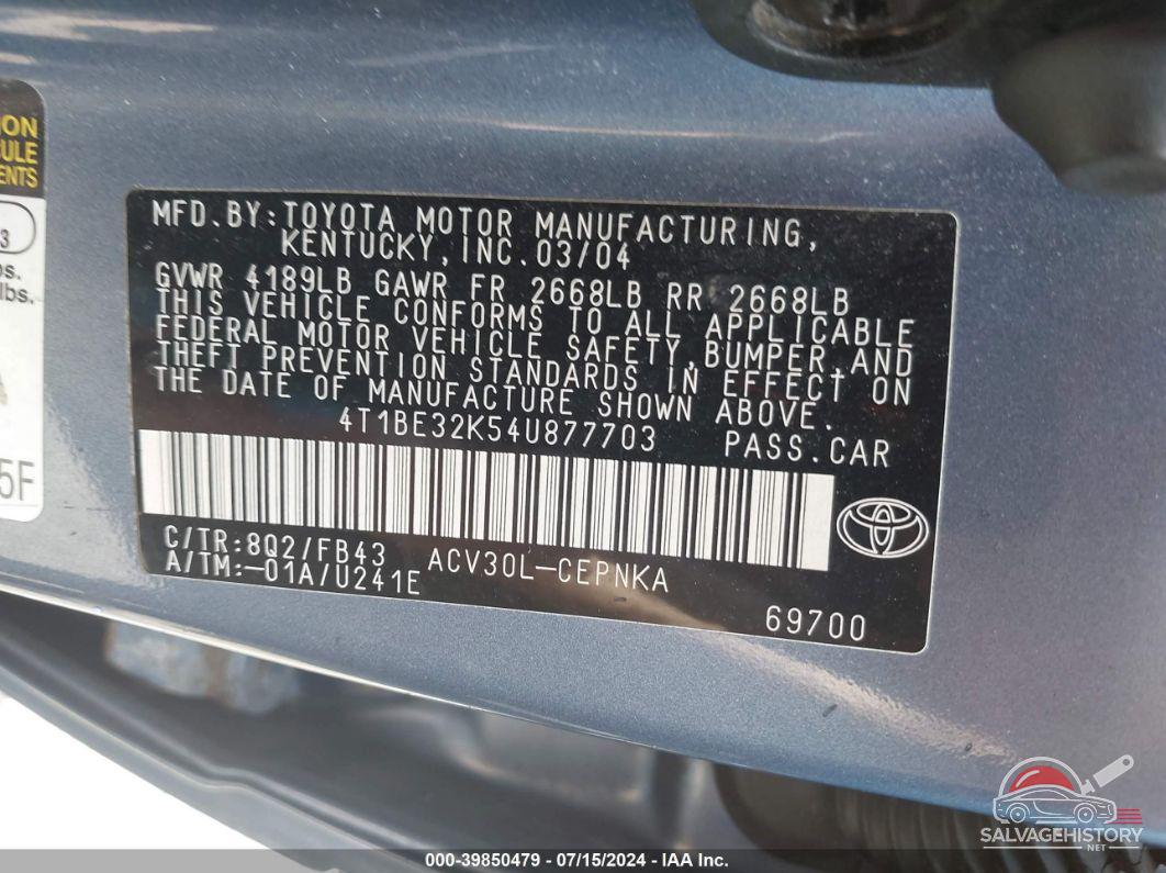 4T1BE32K54U877703 2004 TOYOTA CAMRY photo no. 9
