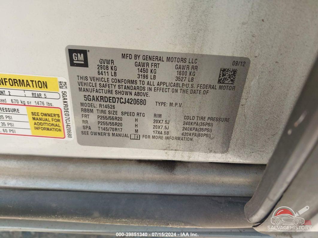 5GAKRDED7CJ420680 2012 BUICK ENCLAVE photo no. 9