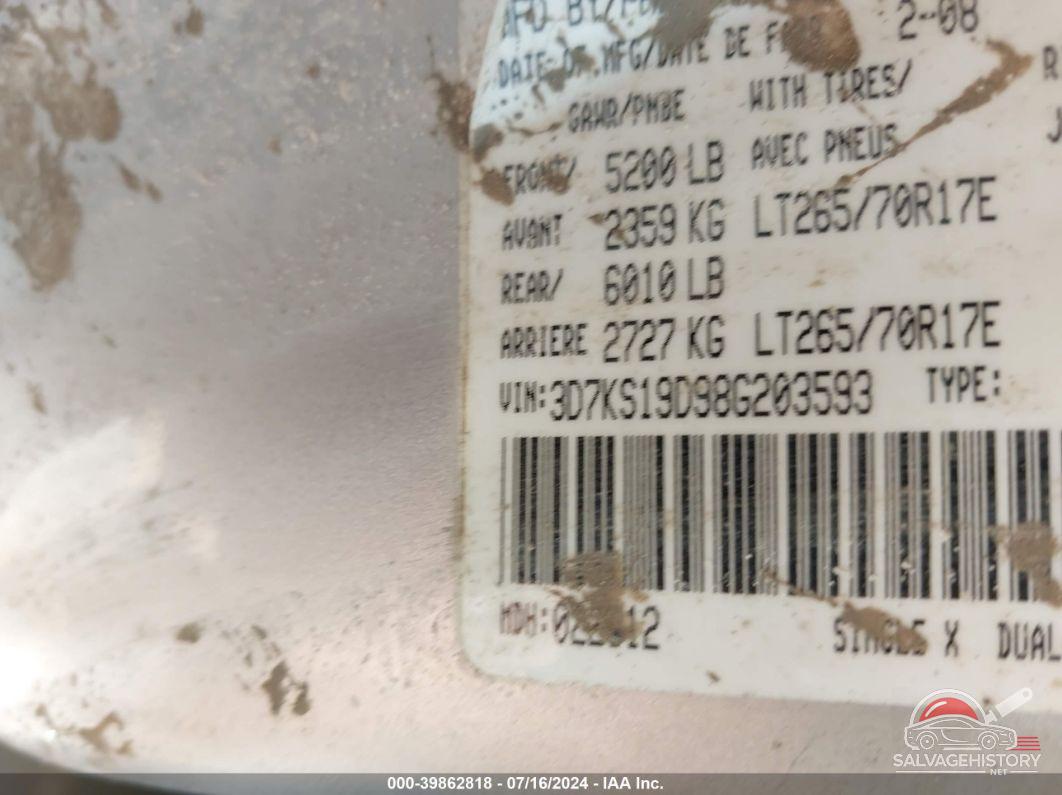 3D7KS19D98G203593 2008 DODGE RAM 1500 photo no. 9