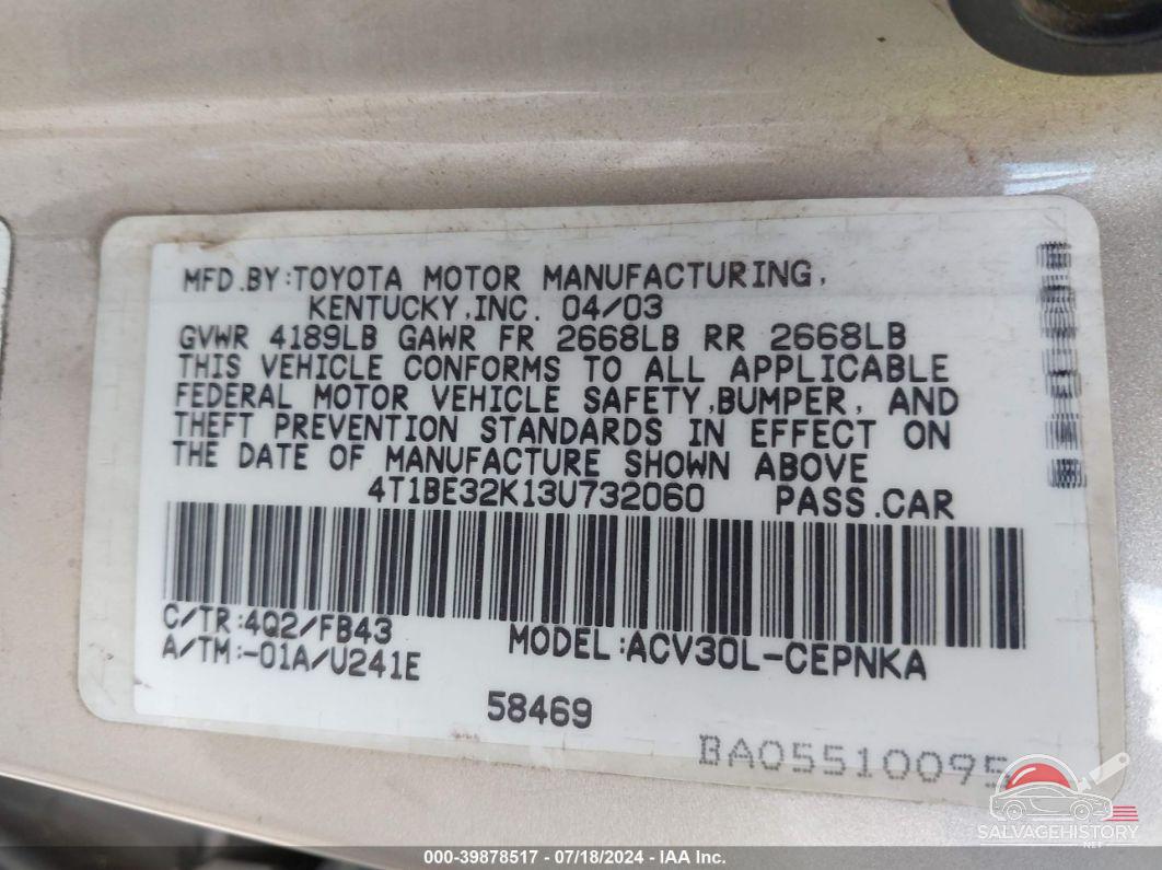4T1BE32K13U732060 2003 TOYOTA CAMRY photo no. 9