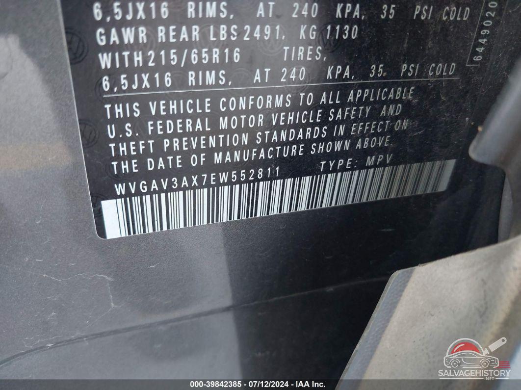 WVGAV3AX7EW552811 2014 VOLKSWAGEN TIGUAN photo no. 9