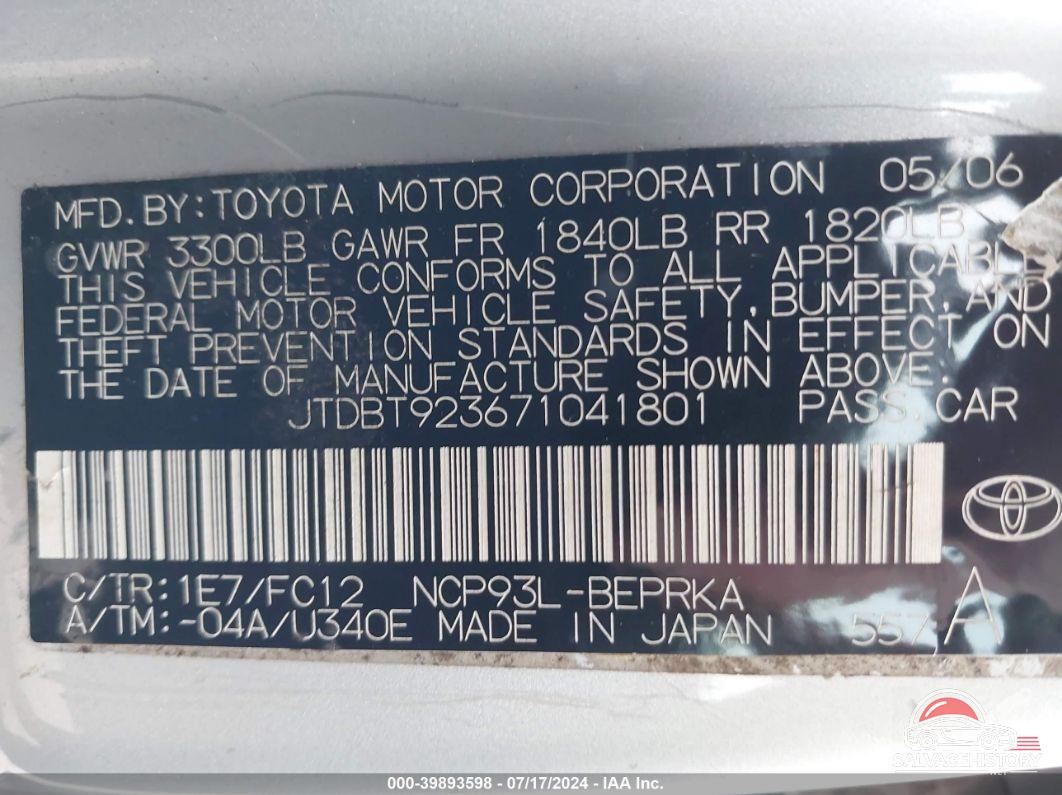 JTDBT923671041801 2007 TOYOTA YARIS photo no. 9