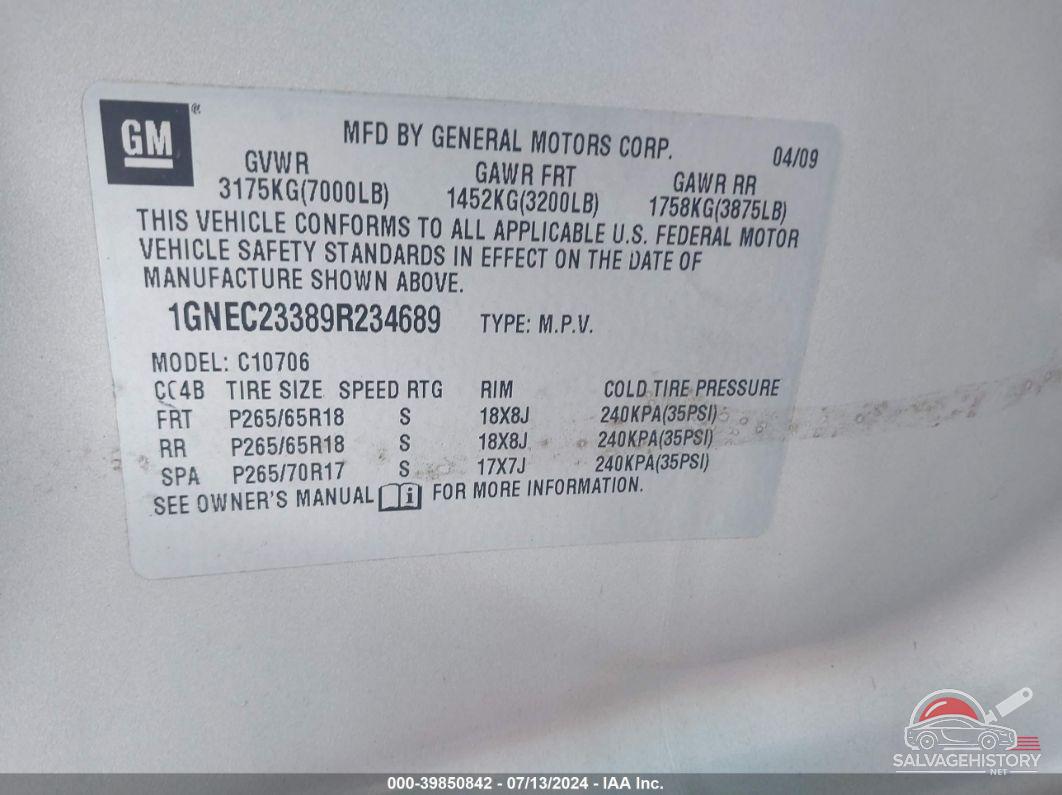 1GNEC23389R234689 2009 CHEVROLET TAHOE photo no. 9