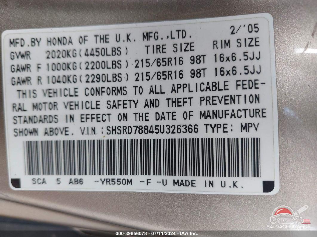SHSRD78845U326366 2005 HONDA CR-V photo no. 9
