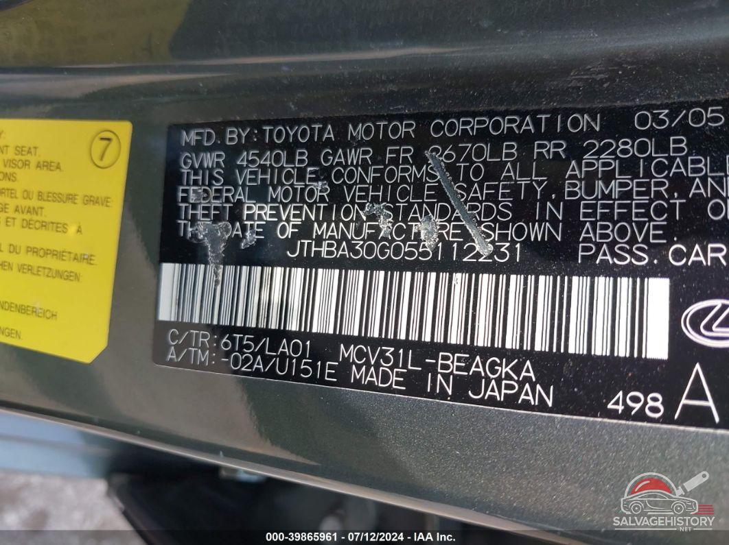 JTHBA30G055112231 2005 LEXUS ES 330 photo no. 9