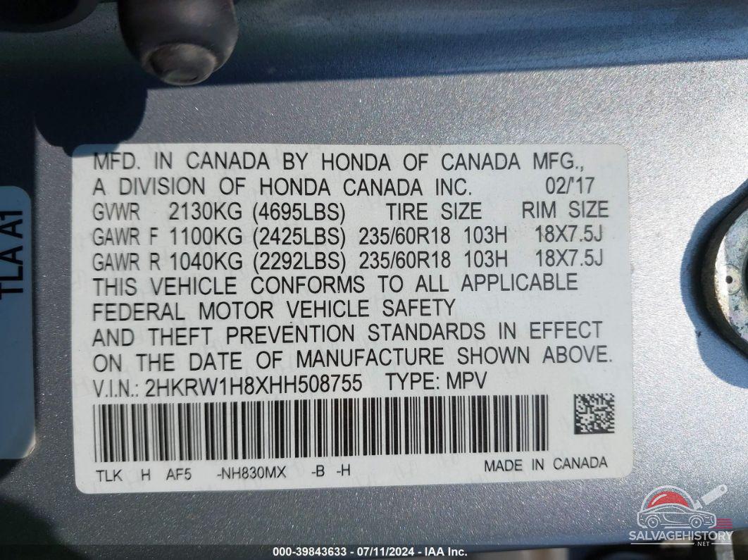 2HKRW1H8XHH508755 2017 HONDA CR-V photo no. 9