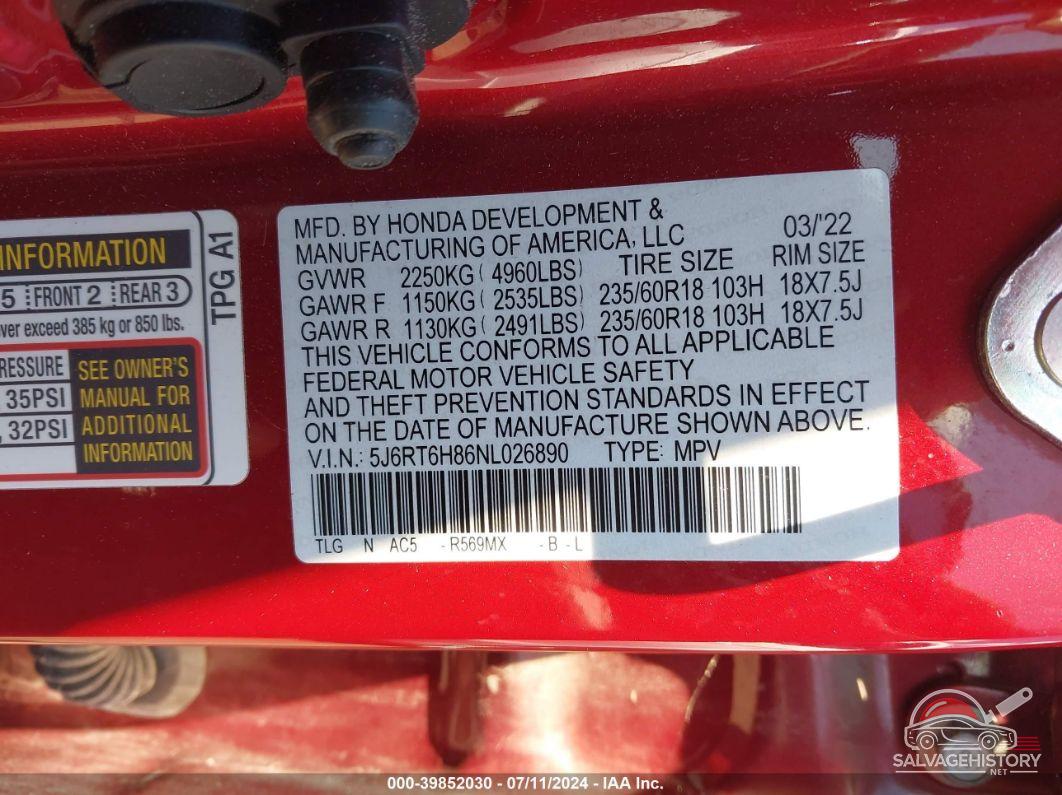 5J6RT6H86NL026890 2022 HONDA CR-V photo no. 9