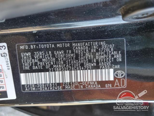 2T1BR32E78C894721 2008 TOYOTA COROLLA photo no. 12