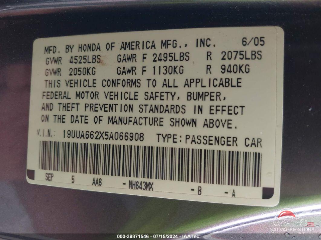 19UUA662X5A066908 2005 ACURA TL photo no. 9