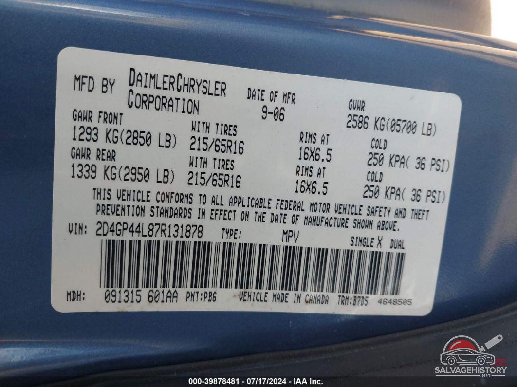 2D4GP44L87R131878 2007 DODGE GRAND CARAVAN photo no. 9