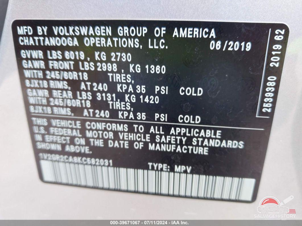 1V2GR2CA8KC582031 2019 VOLKSWAGEN ATLAS photo no. 9