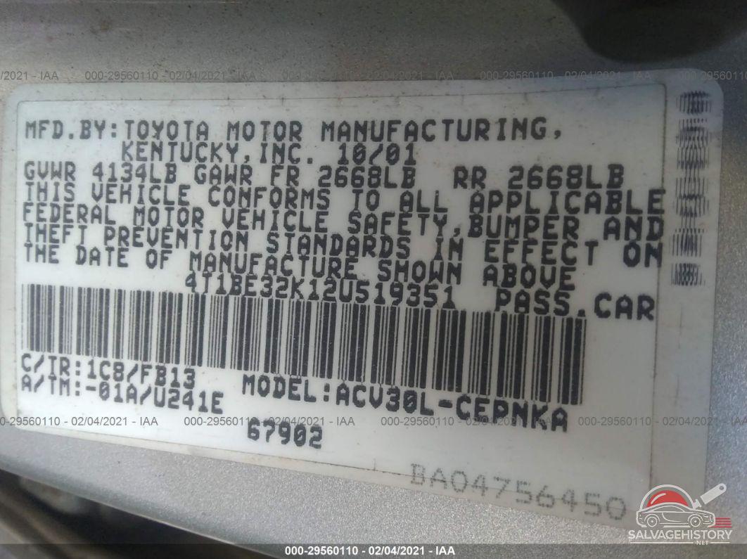 4T1BE32K12U519351 2002 TOYOTA CAMRY photo no. 9