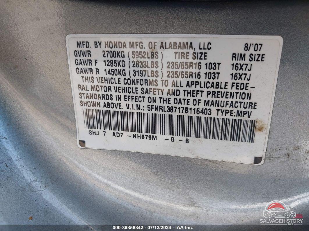 5FNRL38717B116403 2007 HONDA ODYSSEY photo no. 9