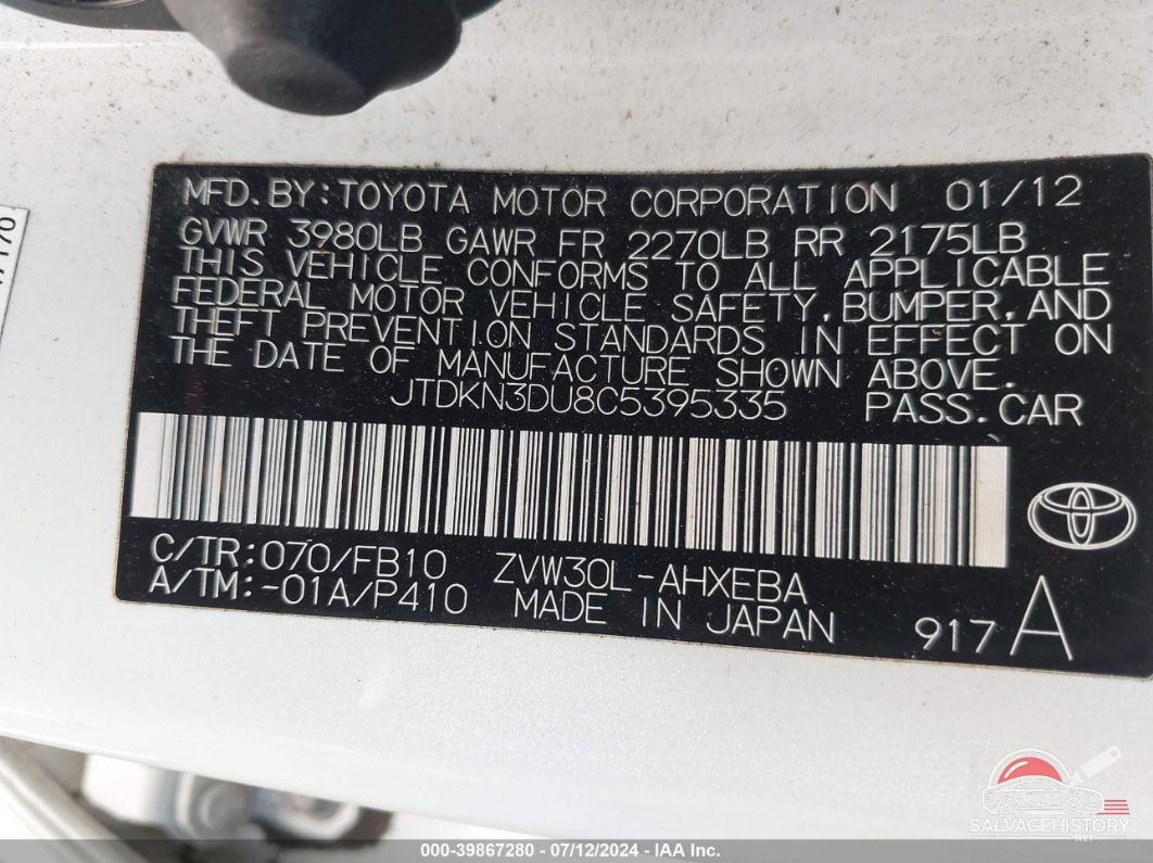 JTDKN3DU8C5395335 2012 TOYOTA PRIUS photo no. 9