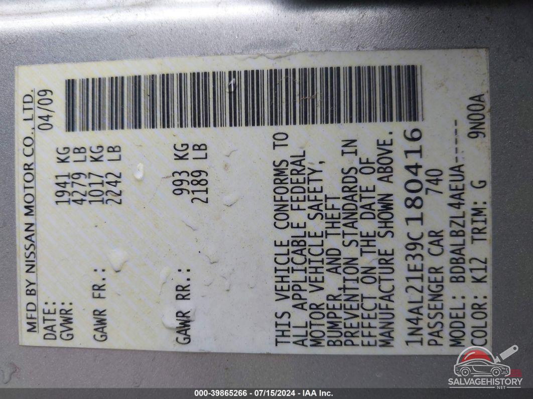 1N4AL21E39C180416 2009 NISSAN ALTIMA photo no. 9