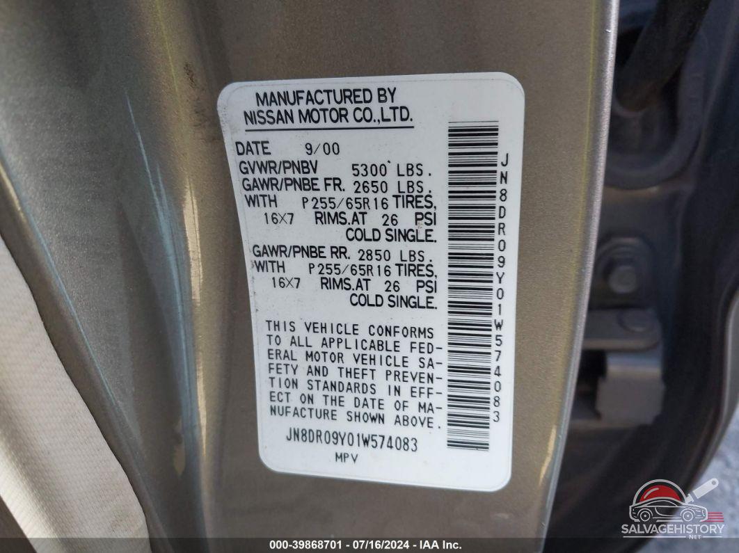 JN8DR09Y01W574083 2001 NISSAN PATHFINDER photo no. 9