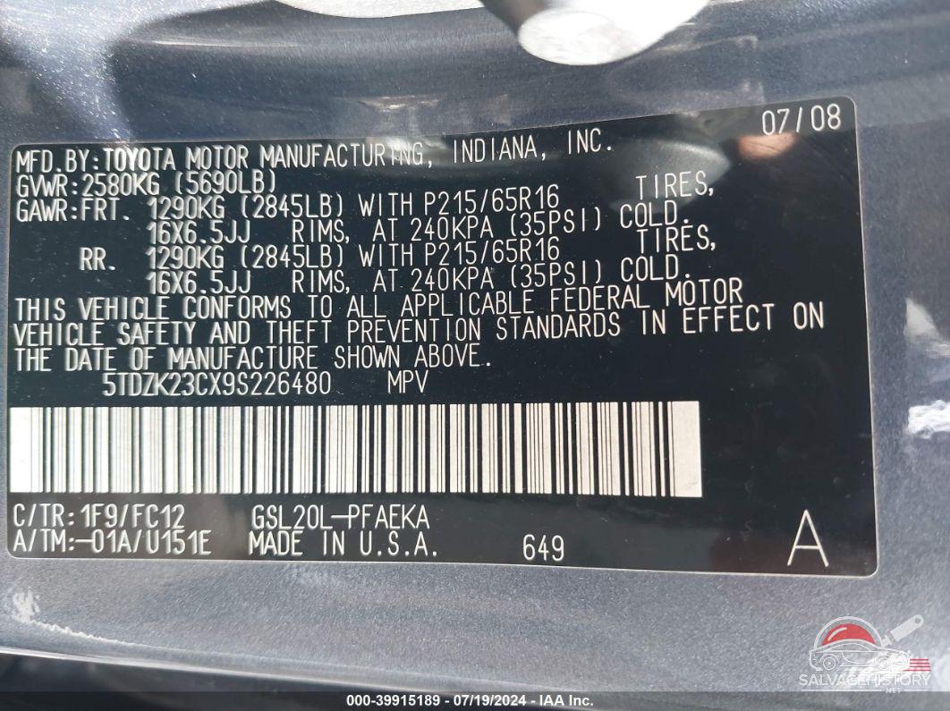 5TDZK23CX9S226480 2009 TOYOTA SIENNA photo no. 9