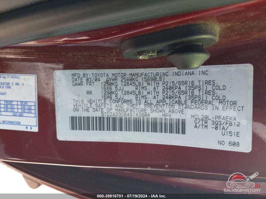 5TDZA23C64S143804 2004 TOYOTA SIENNA photo no. 9