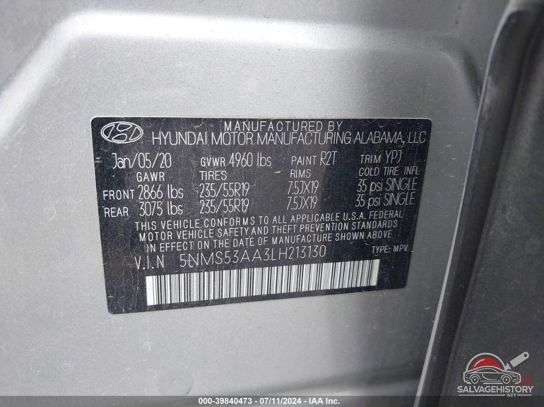 5NMS53AA3LH213130 2020 HYUNDAI SANTA FE photo no. 9