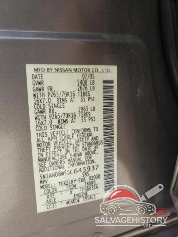 5N1AN08W55C645937 2005 NISSAN XTERRA photo no. 12