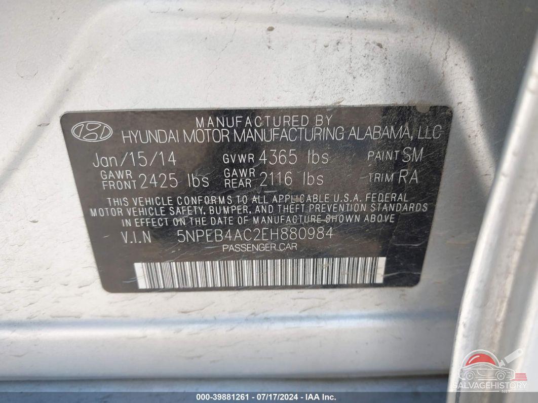 5NPEB4AC2EH880984 2014 HYUNDAI SONATA photo no. 9