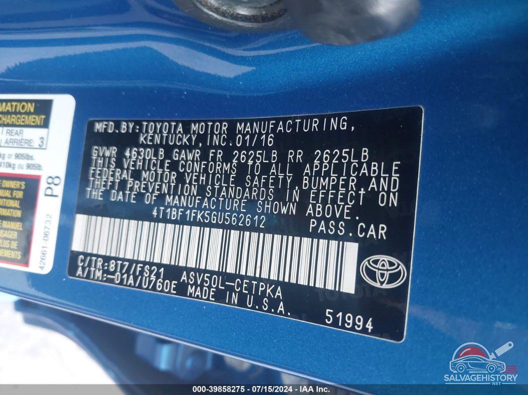 4T1BF1FK5GU562612 2016 TOYOTA CAMRY photo no. 9