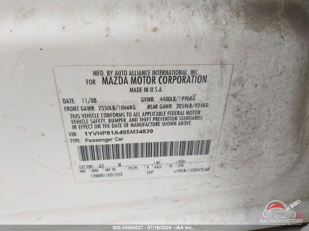1YVHP81A495M34839 2009 MAZDA MAZDA6 photo no. 9