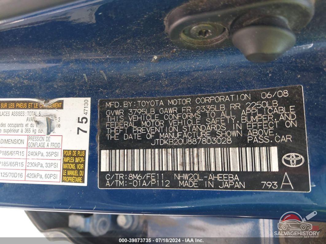 JTDKB20U887803028 2008 TOYOTA PRIUS photo no. 9