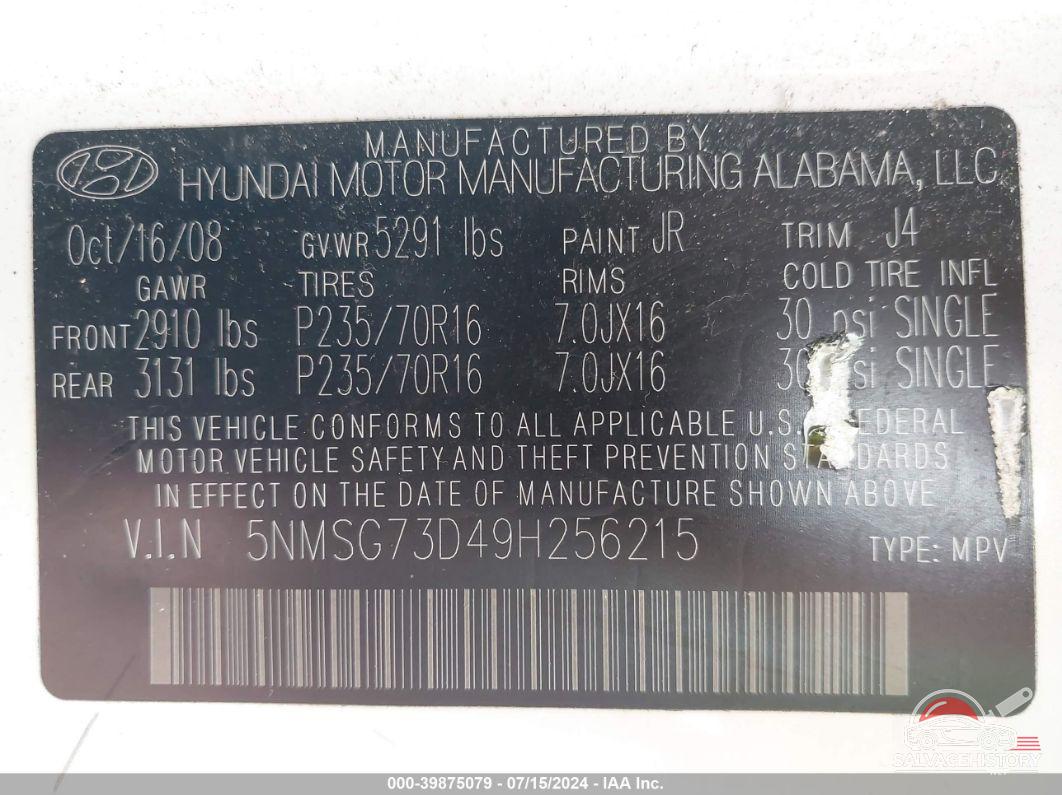 5NMSG73D49H256215 2009 HYUNDAI SANTA FE photo no. 9