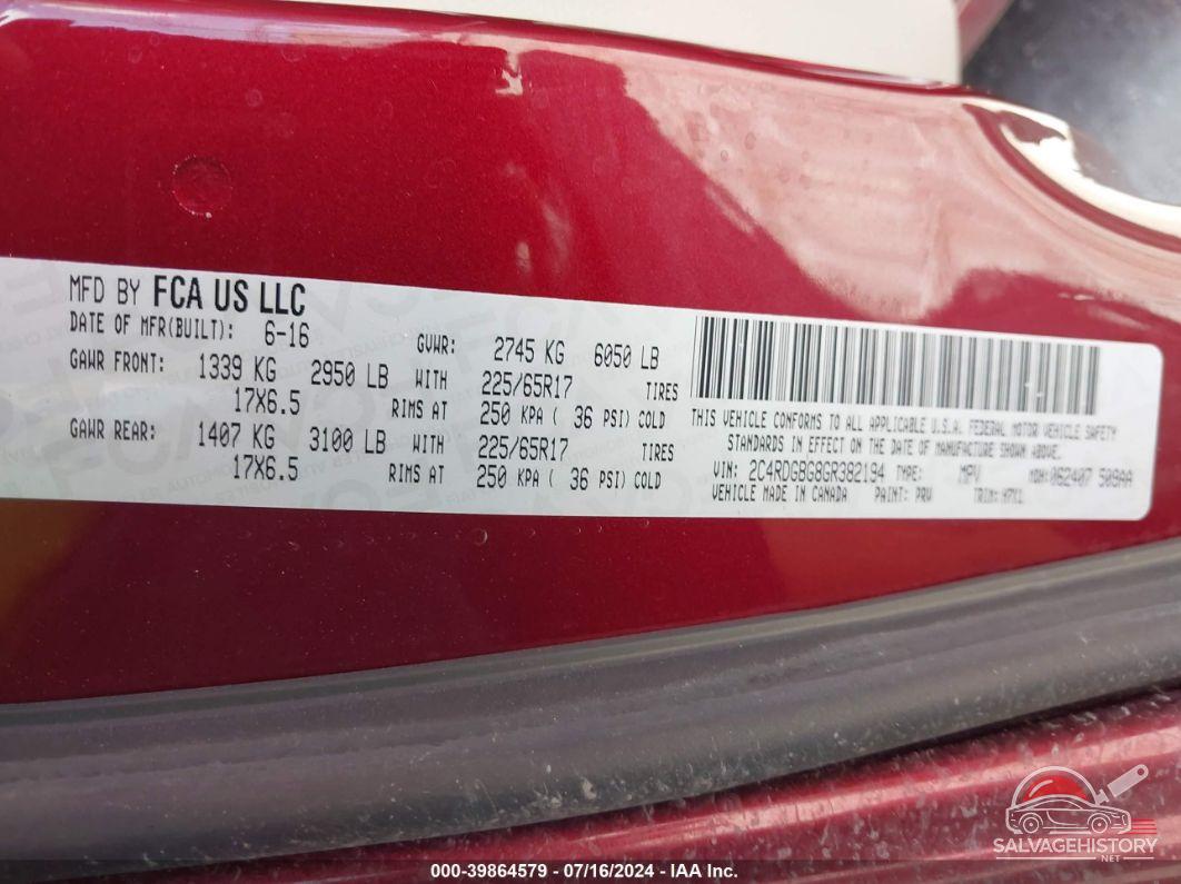 2C4RDGBG8GR382194 2016 DODGE GRAND CARAVAN photo no. 9