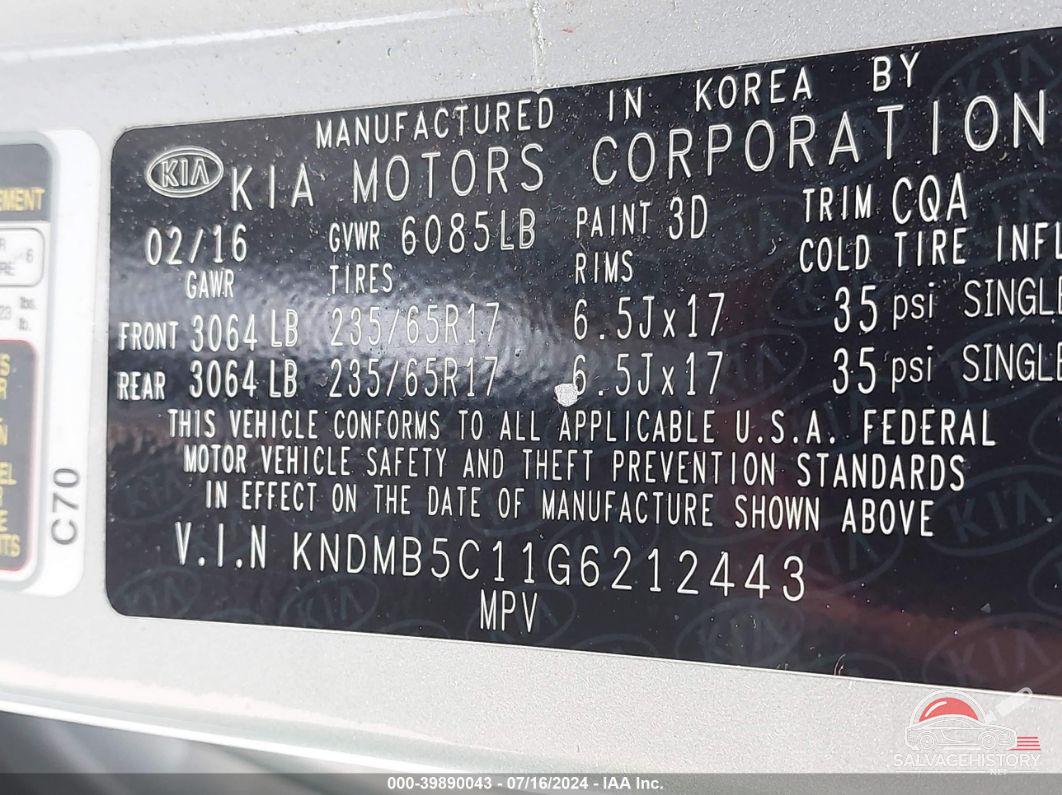 KNDMB5C11G6212443 2016 KIA SEDONA photo no. 9