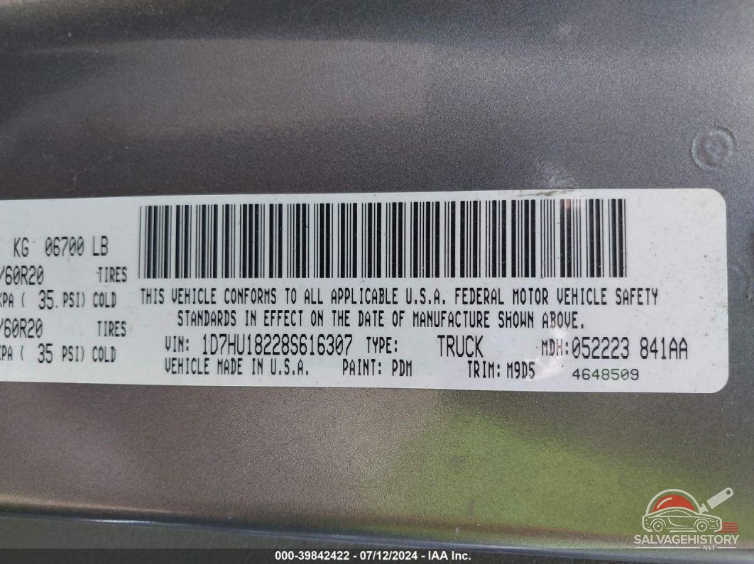 1D7HU18228S616307 2008 DODGE RAM 1500 photo no. 9