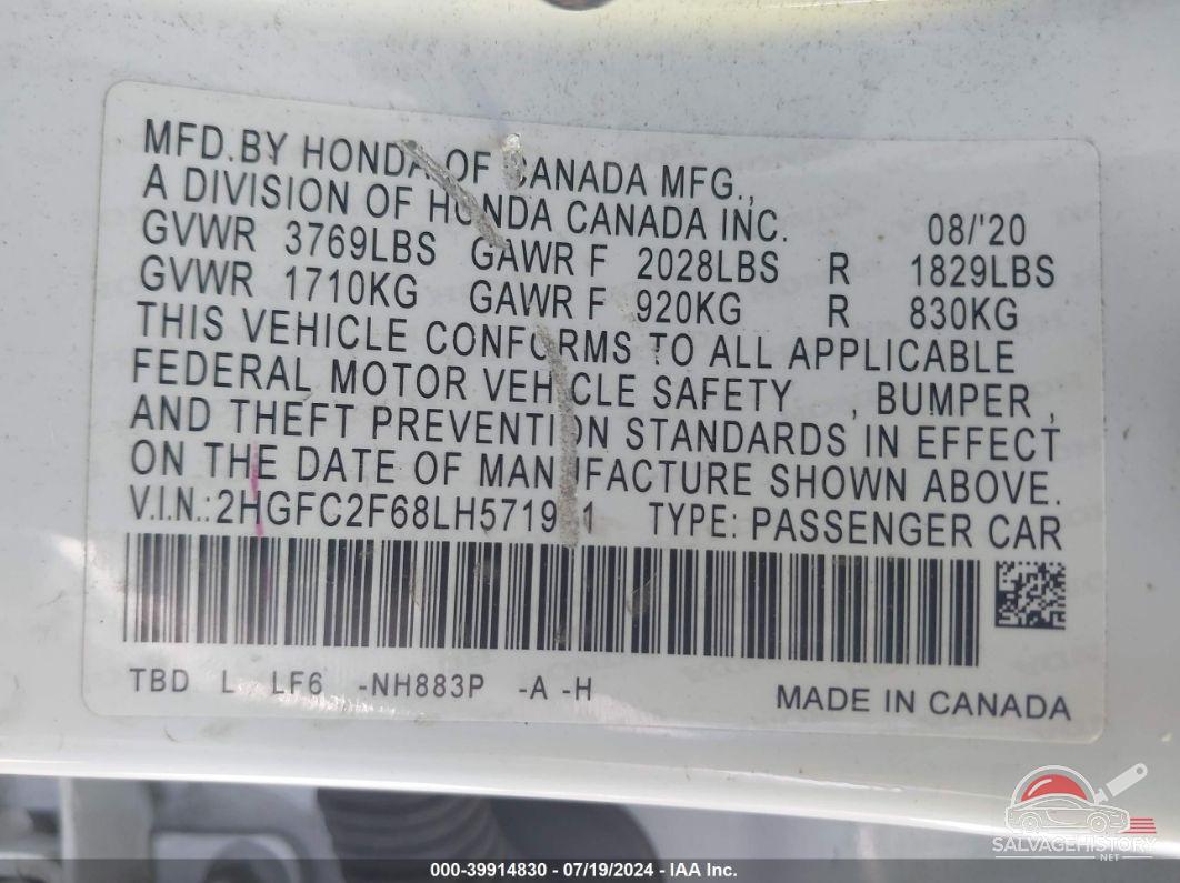 2HGFC2F68LH571911 2020 HONDA CIVIC photo no. 9