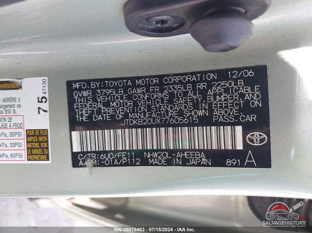 JTDKB20UX77605615 2007 TOYOTA PRIUS photo no. 9