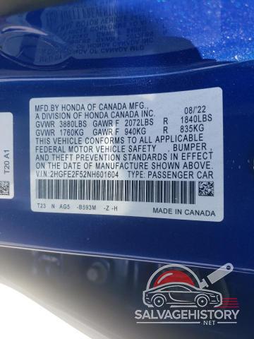 2HGFE2F52NH601604 2022 HONDA CIVIC photo no. 12