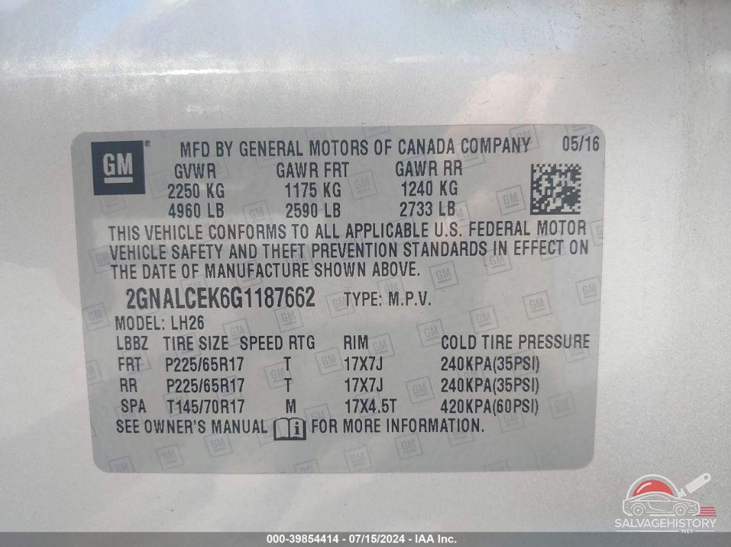2GNALCEK6G1187662 2016 CHEVROLET EQUINOX photo no. 9