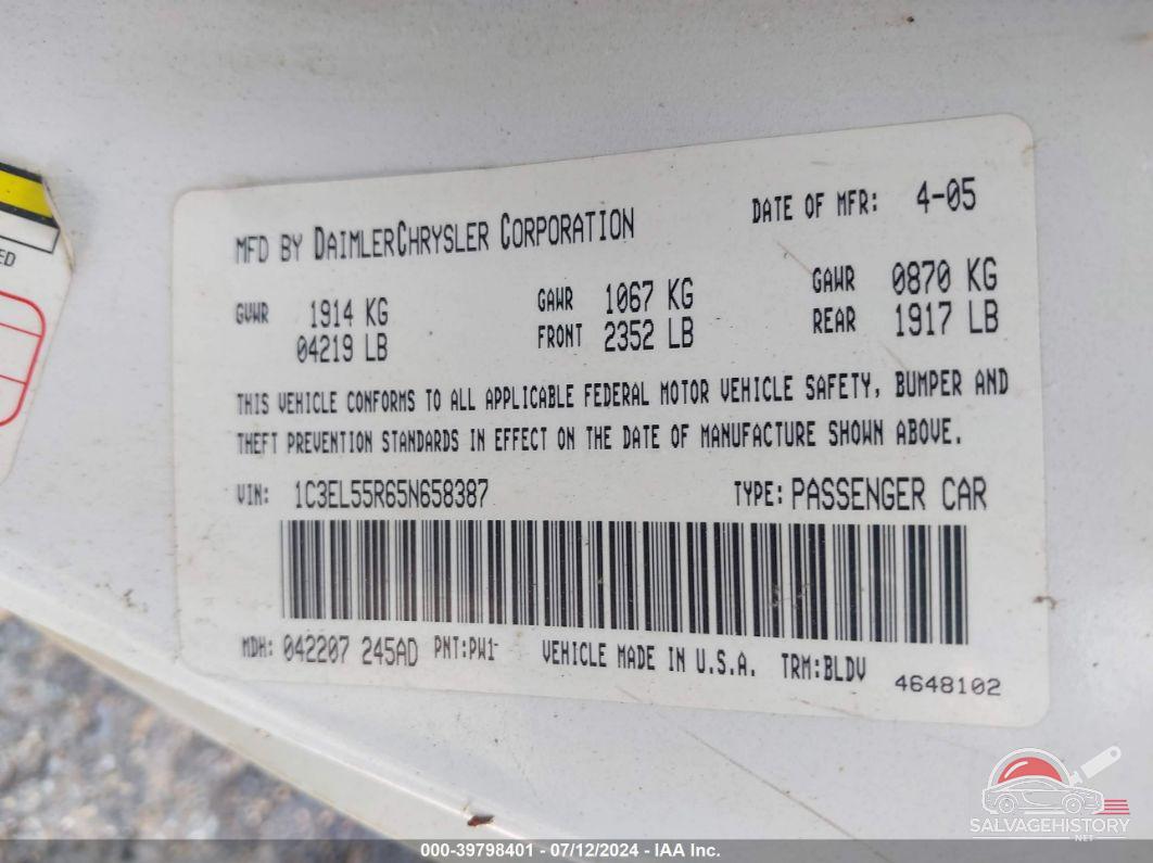 1C3EL55R65N658387 2005 CHRYSLER SEBRING photo no. 9
