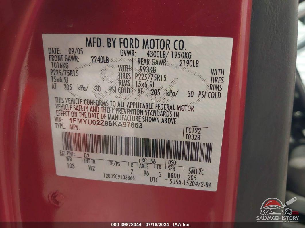 1FMYU02Z96KA97663 2006 FORD ESCAPE photo no. 9