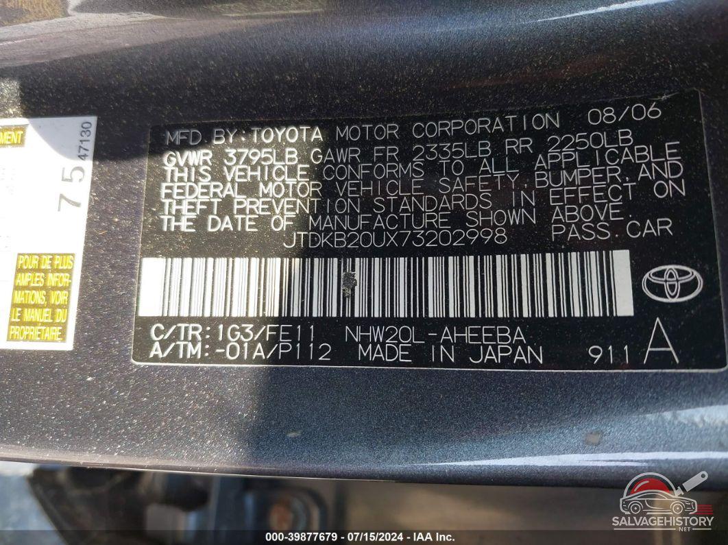 JTDKB20UX73202998 2007 TOYOTA PRIUS photo no. 9