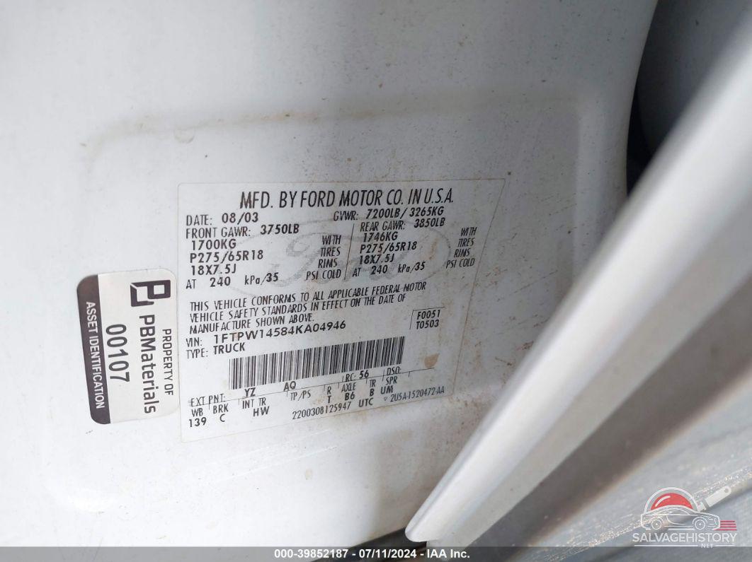 1FTPW14584KA04946 2004 FORD F-150 photo no. 9