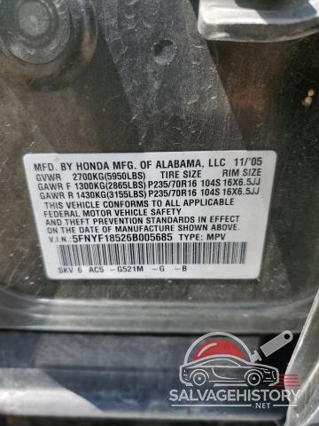 5FNYF18526B005685 2006 HONDA PILOT photo no. 12