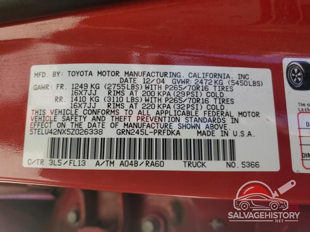 5TELU42NX5Z026338 2005 TOYOTA TACOMA photo no. 12