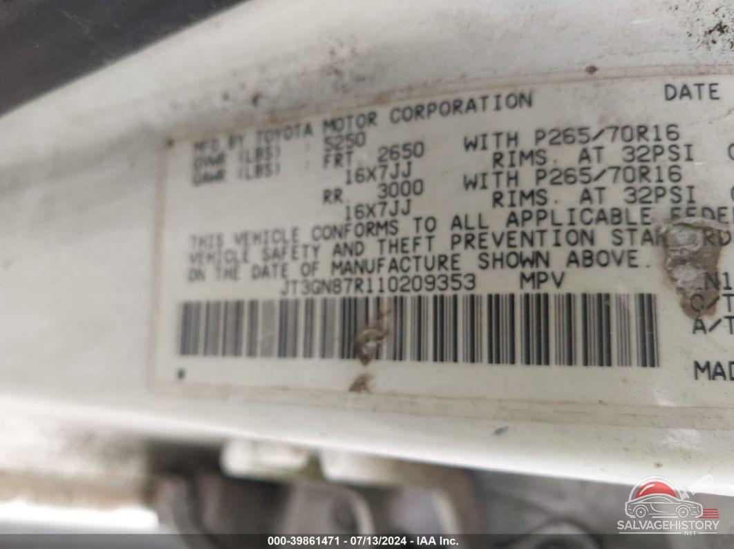 JT3GN87R110209353 2001 TOYOTA 4RUNNER photo no. 9