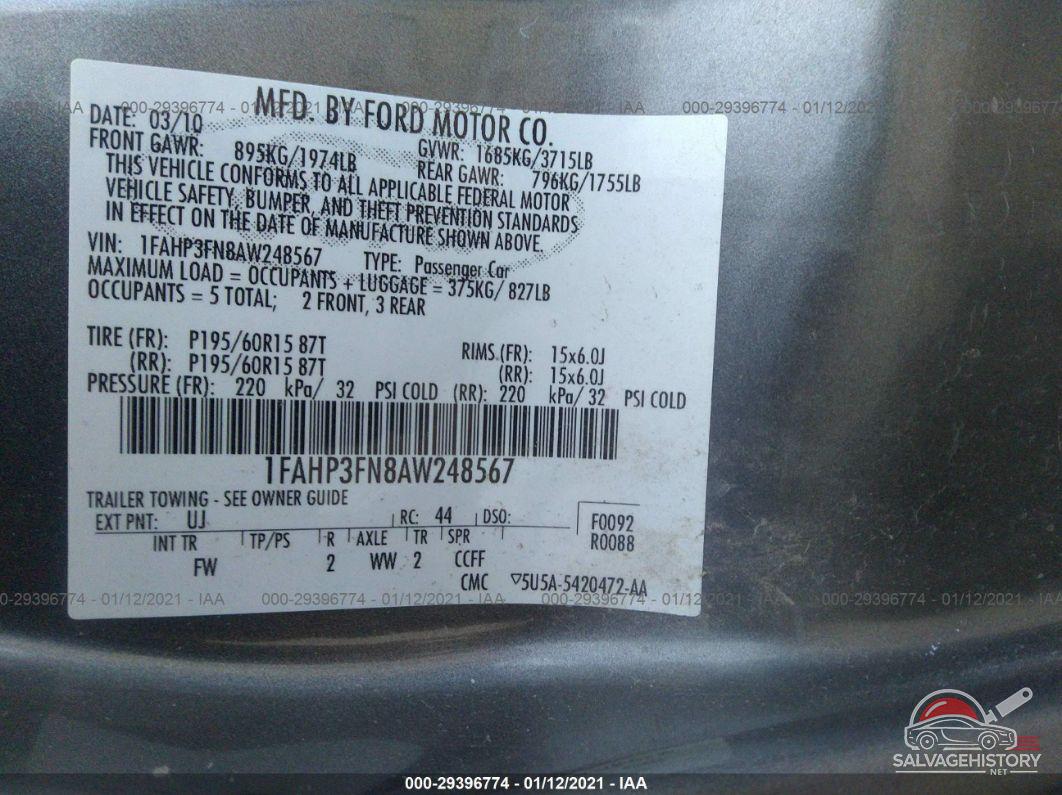 1FAHP3FN8AW248567 2010 FORD FOCUS photo no. 9