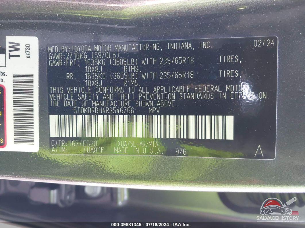 5TDKDRBH4RS546766 2024 TOYOTA HIGHLANDER photo no. 9