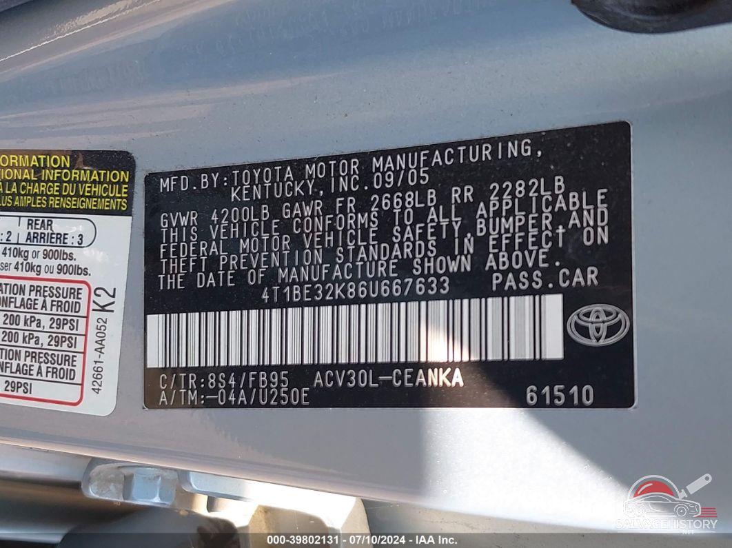 4T1BE32K86U667633 2006 TOYOTA CAMRY photo no. 9