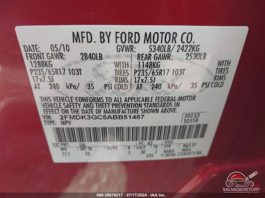 2FMDK3GC5ABB51487 2010 FORD EDGE photo no. 9