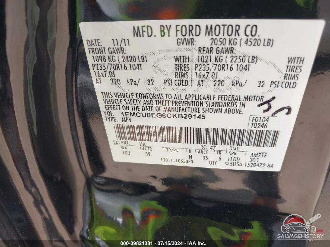 1FMCU0EG6CKB29145 2012 FORD ESCAPE photo no. 9
